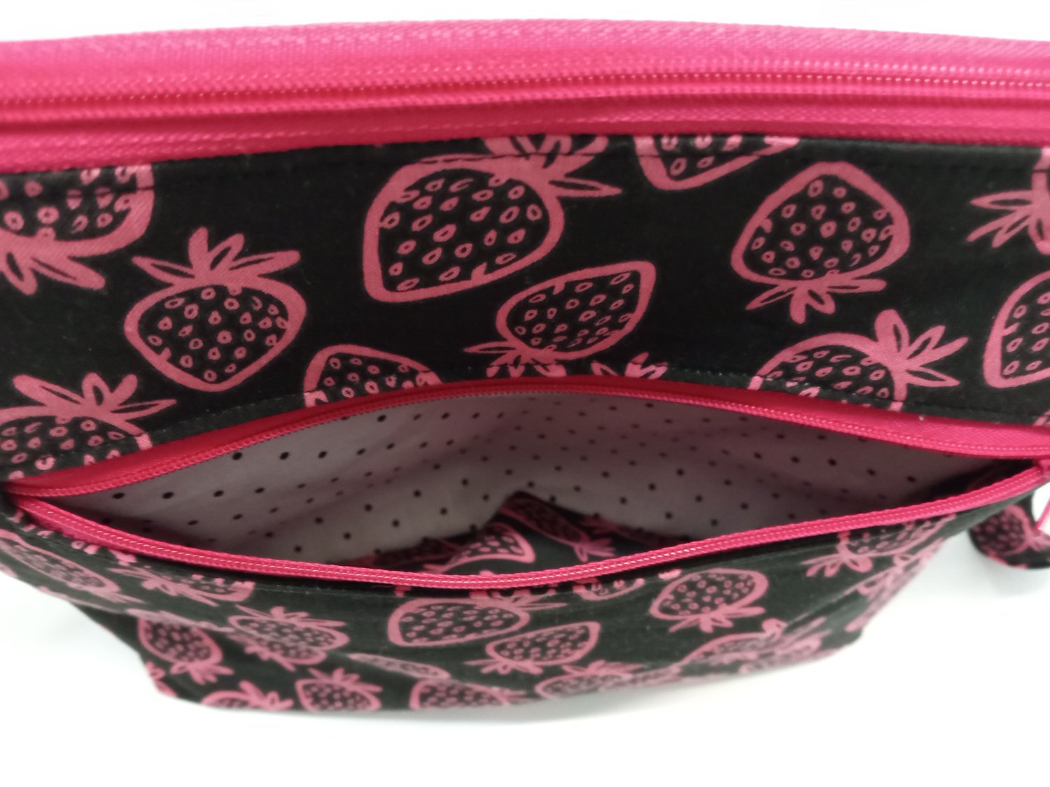 Image of Strawberry Small Project Bag with front zipper pocket Reg $25.00 Now on sale for $20.00