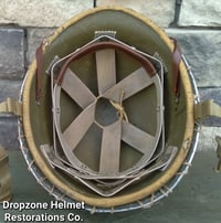 Image 19 of WWII M1 Helmet 34th Infantry Division Schlueter Fixed bale & replica rayon Hawley Liner. NCO.