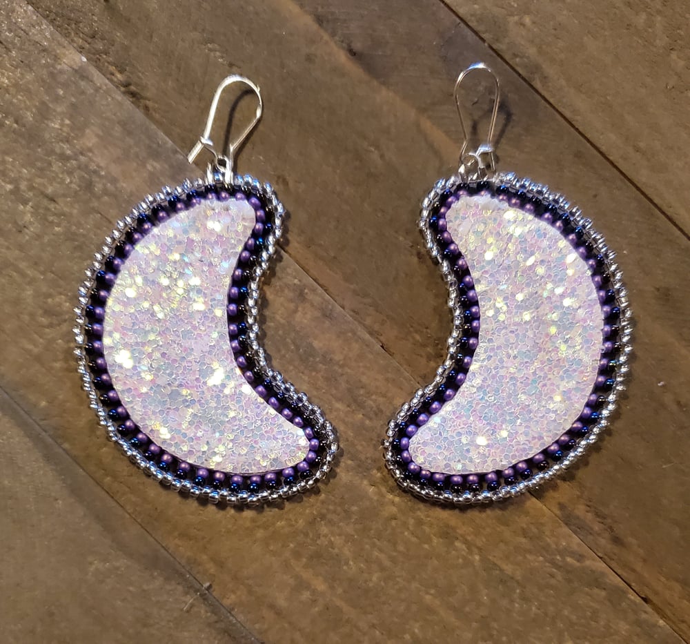 Image of Reversible Salmon Skin Beaded Moon Earrings