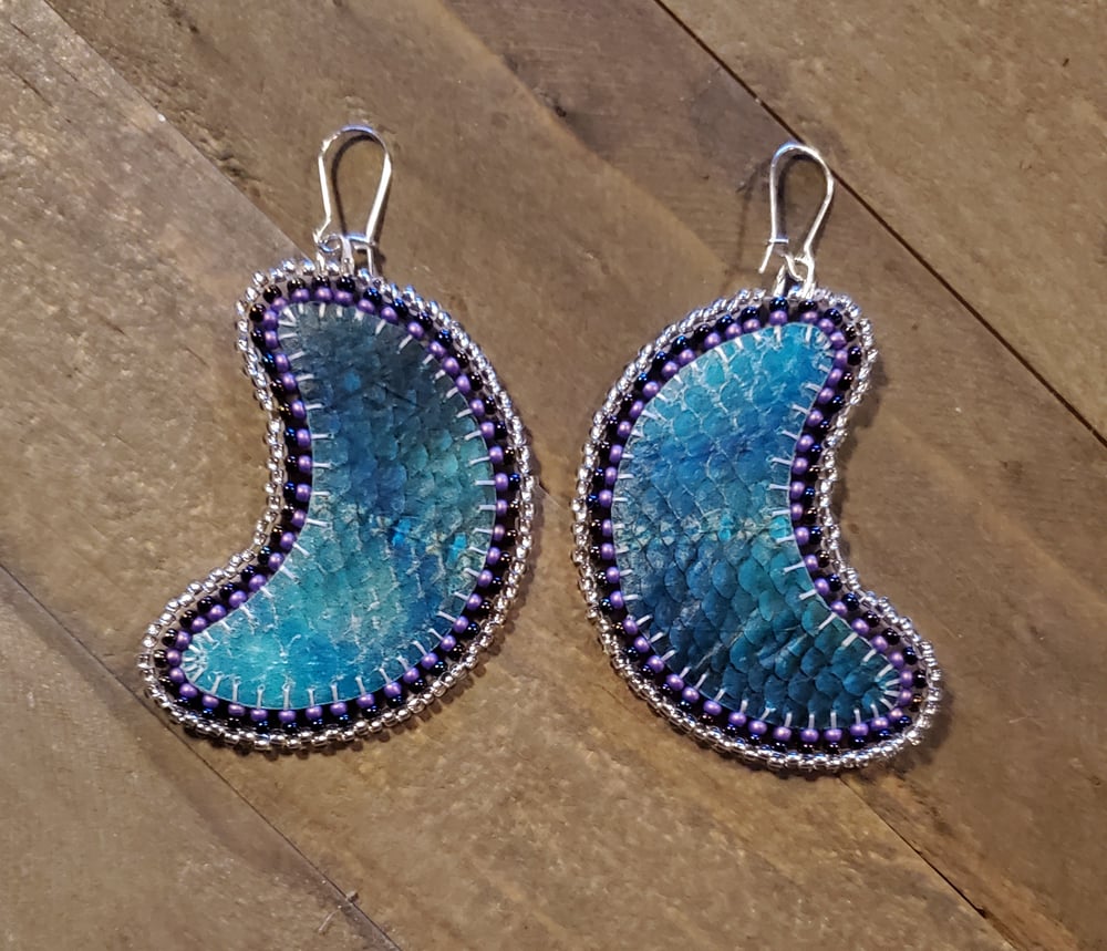 Image of Reversible Salmon Skin Beaded Moon Earrings