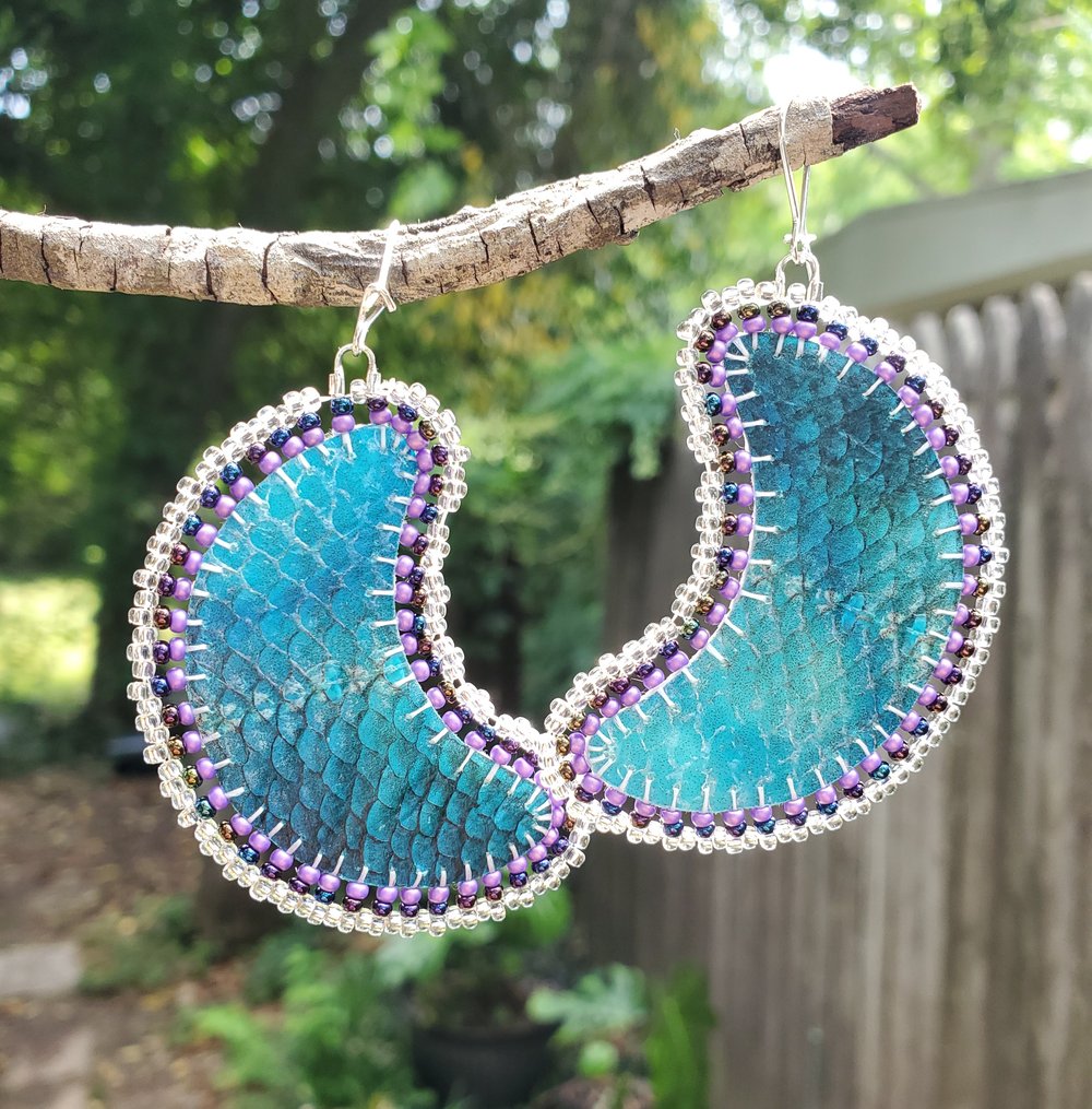 Image of Reversible Salmon Skin Beaded Moon Earrings