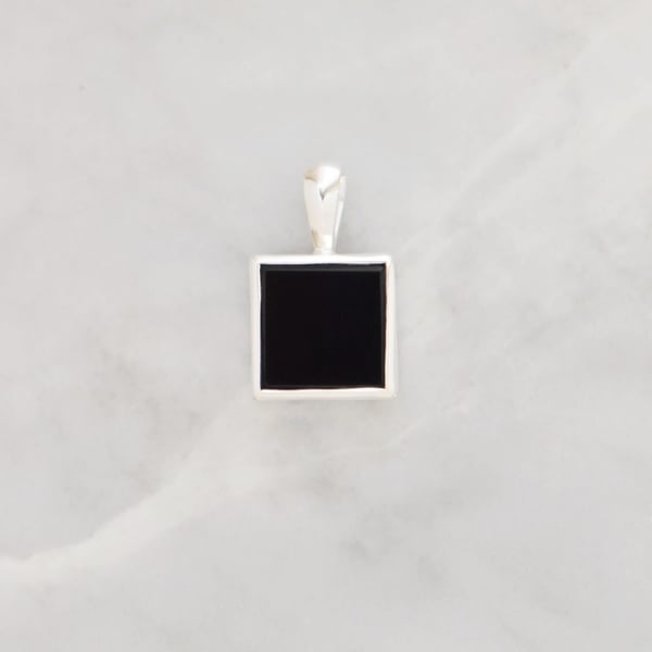 Image of Black Agate flat square cut silver necklace