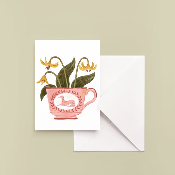 Image of Pink Teacup with Trout Lily Greeting Card