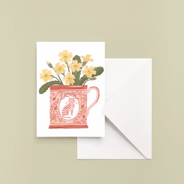 Image of Pink Teacup with Primrose Greeting Card
