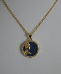Image 1 of Queen Elizabeth II Commemorative Tribute Gold Silhoutte on Lapis Lazuli Disc Necklace