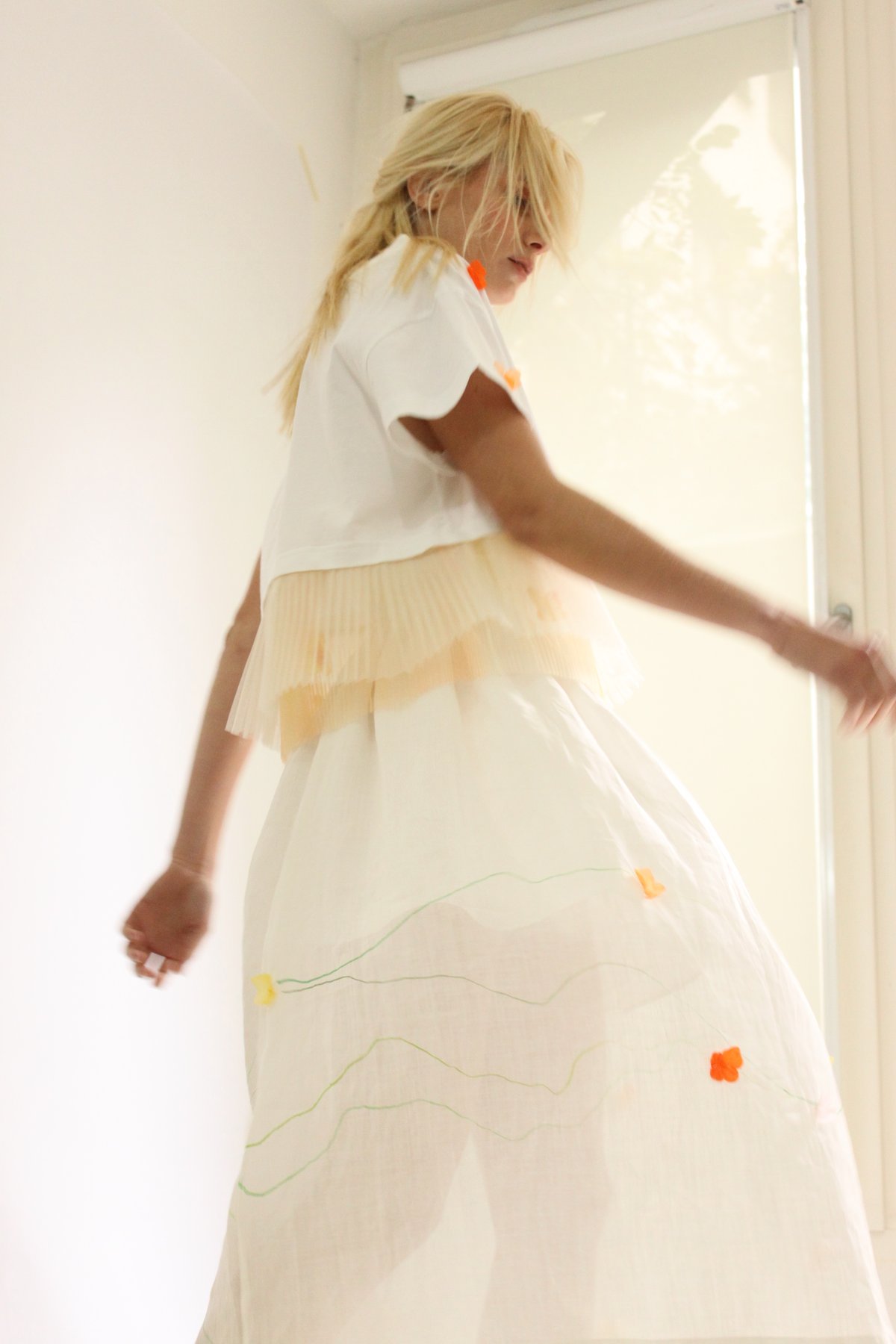 Archive-Ramie hand painted asymmetric gathered dress