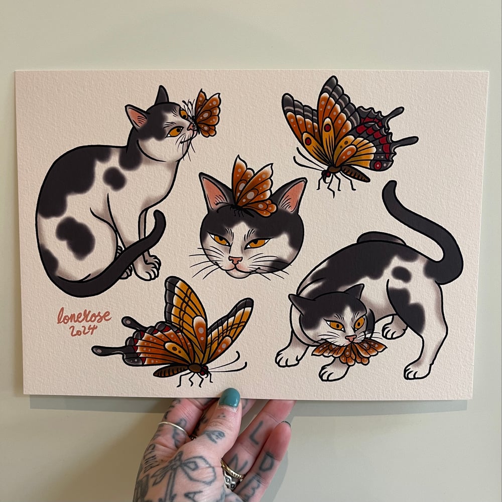 Image of Lone Rose Cats and Butterflies Print