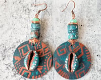 Image 2 of African Mud cloth Earrings, Copper Blue Boho Statement Dangles,