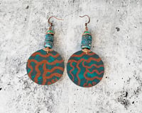 Image 5 of African Mud cloth Earrings, Copper Blue Boho Statement Dangles,