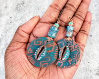 Image 1 of African Mud cloth Earrings, Copper Blue Boho Statement Dangles,