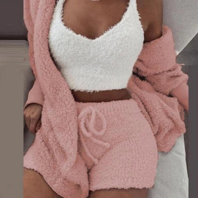 Women's Comfortable Knit Pajama Set Crop-top with V-neck Winter Plush Loungewear Casual 3-Piece Set 