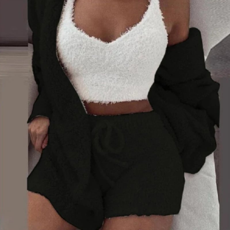 Women's Comfortable Knit Pajama Set Crop-top with V-neck Winter Plush Loungewear Casual 3-Piece Set