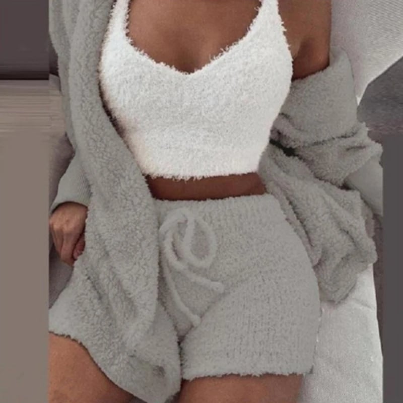 Women's Comfortable Knit Pajama Set Crop-top with V-neck Winter Plush Loungewear Casual 3-Piece Set 