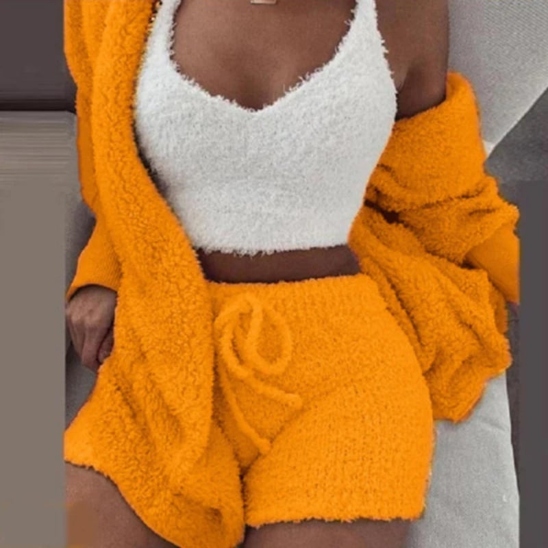 Women's Comfortable Knit Pajama Set Crop-top with V-neck Winter Plush Loungewear Casual 3-Piece Set 
