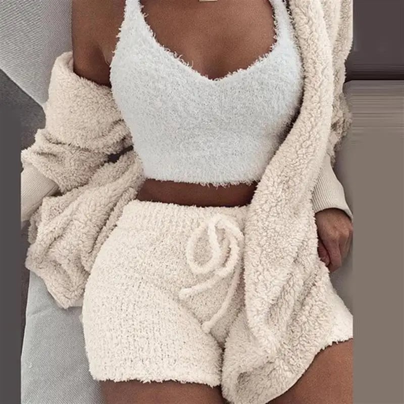 Women's Comfortable Knit Pajama Set Crop-top with V-neck Winter Plush Loungewear Casual 3-Piece Set 