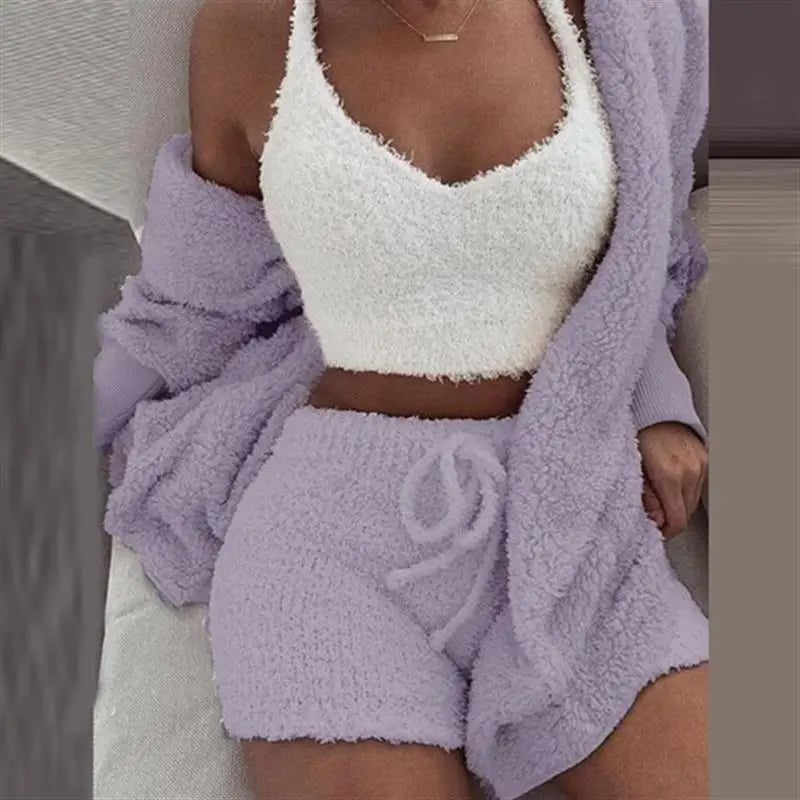 Women's Comfortable Knit Pajama Set Crop-top with V-neck Winter Plush Loungewear Casual 3-Piece Set 