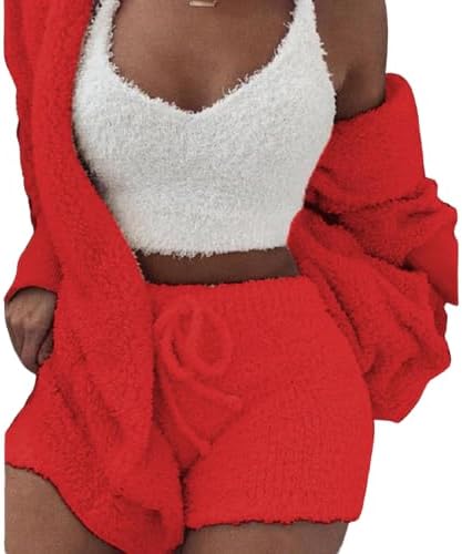 Women's Comfortable Knit Pajama Set Crop-top with V-neck Winter Plush Loungewear Casual 3-Piece Set 