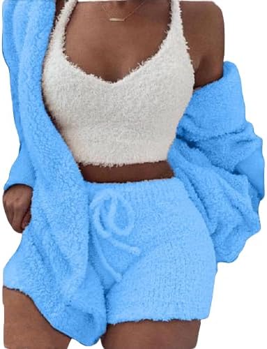 Women's Comfortable Knit Pajama Set Crop-top with V-neck Winter Plush Loungewear Casual 3-Piece Set 