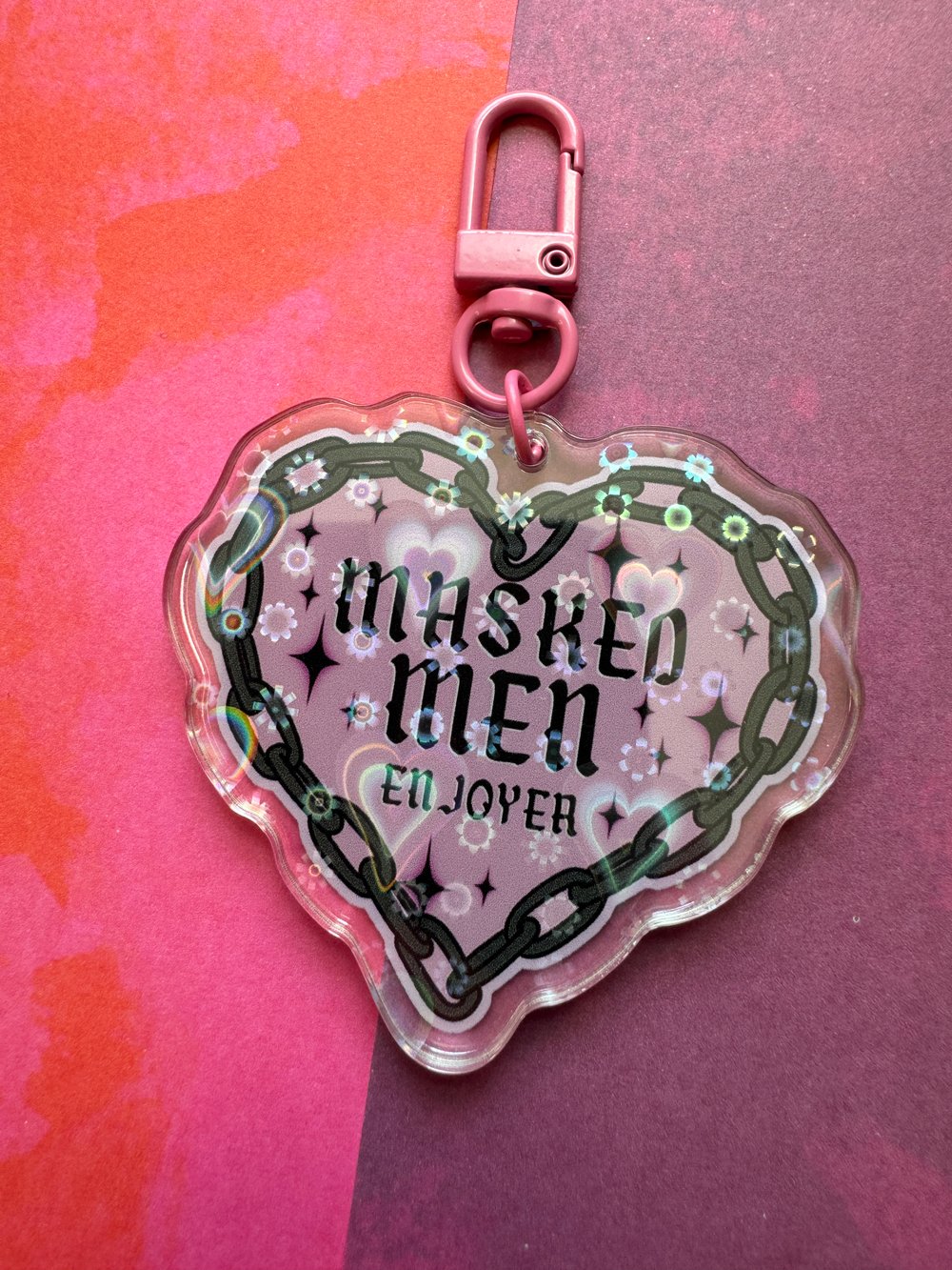 Image of Masked Men Heart Holographic Keychain