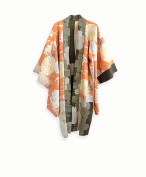 Image of Kort kimono dame af orange silke med fugle og bambus - vendbar