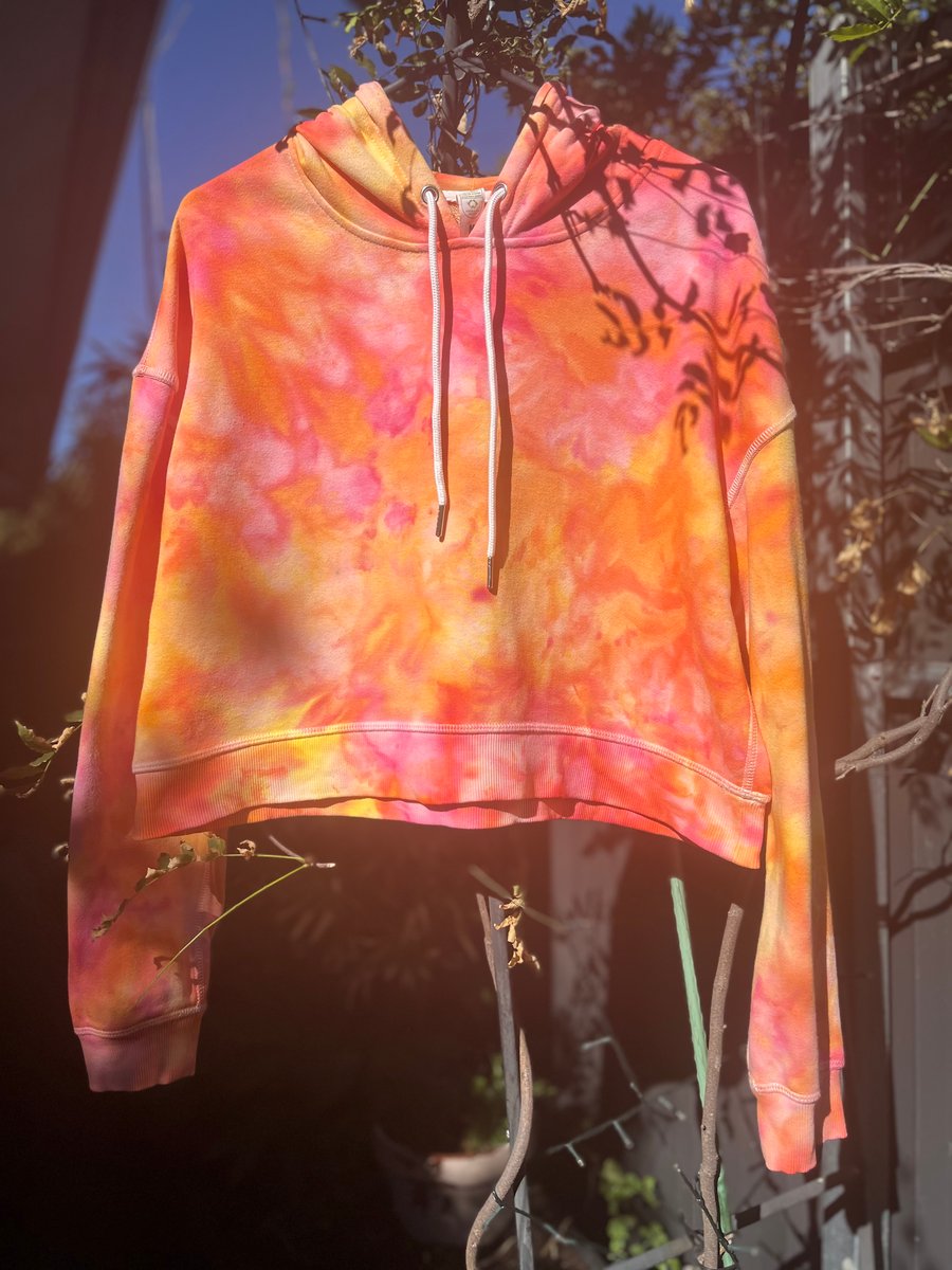 Ice Dyed 2024 Crop Hoodie- SEA STAR, Women's Medium, Soft Cotton Fleece Sweatshirt, Cozy Boho Pullover, Ocean Lover Gift, Tie Dye, Orange, Pink