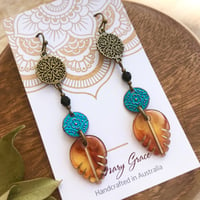 Image 4 of Resin Amber Leaves and Blue Patina Floral Coin Beaded Dangle Earrings 