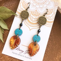 Image 3 of Resin Amber Leaves and Blue Patina Floral Coin Beaded Dangle Earrings 