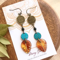 Image 1 of Resin Amber Leaves and Blue Patina Floral Coin Beaded Dangle Earrings 