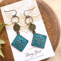 Image 1 of Blue Patina Floral Metal Dangle Earrings with Floral Coins , Eclectic Bohemian Style Earrings