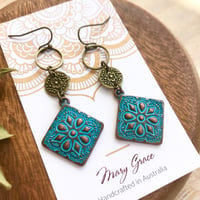 Image 3 of Blue Patina Floral Metal Dangle Earrings with Floral Coins , Eclectic Bohemian Style Earrings