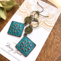 Image 2 of Blue Patina Floral Metal Dangle Earrings with Floral Coins , Eclectic Bohemian Style Earrings