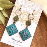 Image 4 of Blue Patina Floral Metal Dangle Earrings with Floral Coins , Eclectic Bohemian Style Earrings