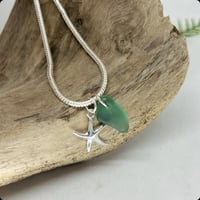 Image 1 of Simple Silver Starfish Bracelet with Frosted Sea Green Seaglass