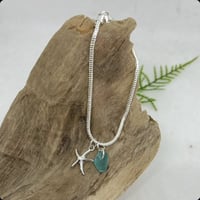 Simple Silver Starfish Bracelet with Frosted Turquoise Seaglass