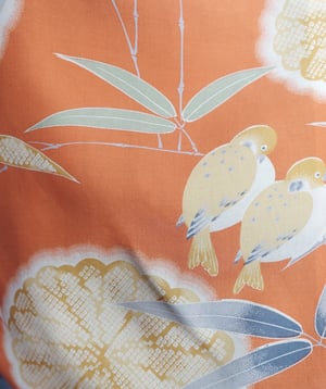 Image of Kort kimono dame af orange silke med fugle og bambus - vendbar