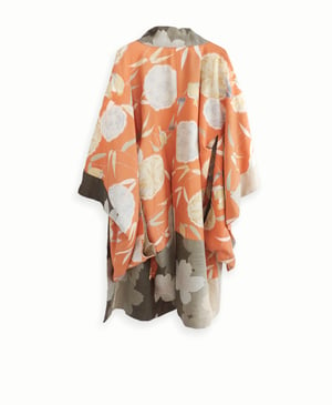 Image of Kort kimono dame af orange silke med fugle og bambus - vendbar