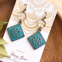 Image 2 of Blue Patina Floral Metal Dangle Earrings with bronze Rings