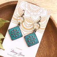 Image 4 of Blue Patina Floral Metal Dangle Earrings with bronze Rings