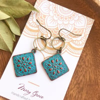 Image 1 of Blue Patina Floral Metal Dangle Earrings with bronze Rings