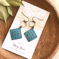 Image 3 of Blue Patina Floral Metal Dangle Earrings with bronze Rings