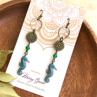 Image 1 of Blue Patina Seahorse Beaded Earrings with Floral Coins