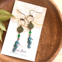 Image 2 of Blue Patina Seahorse Beaded Earrings with Floral Coins
