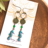 Image 4 of Blue Patina Seahorse Beaded Earrings with Floral Coins