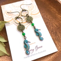 Image 3 of Blue Patina Seahorse Beaded Earrings with Floral Coins