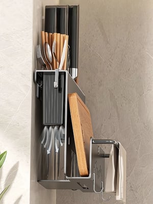 Image of Kitchen Knife Holder Under Cabinet Adhesive Hanging Storage Rack 