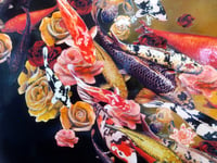 Image 3 of Original Canvas - Koi with Blossoms on Ochre/Copper