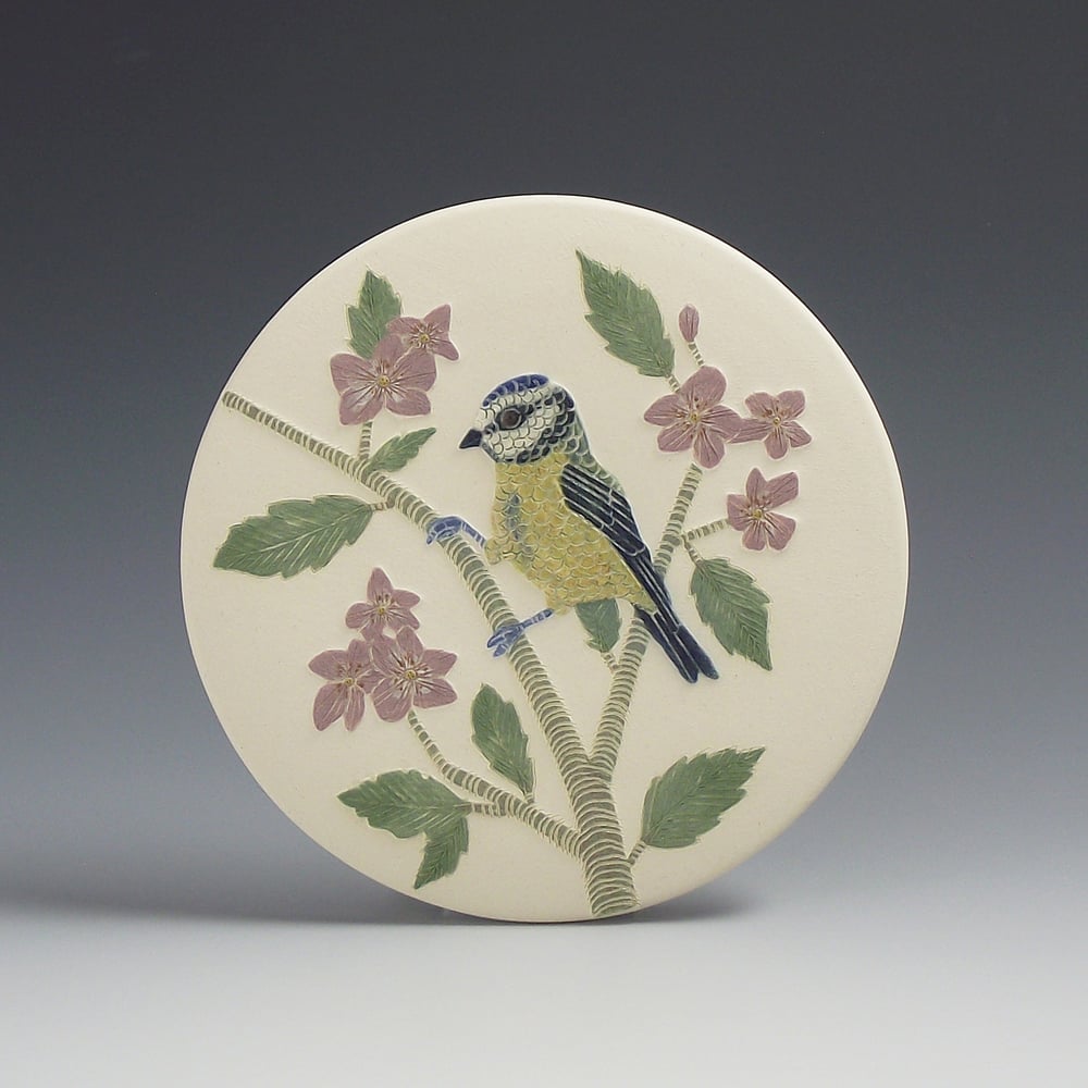 Image of Blue tit sgraffito ceramic wall hanging