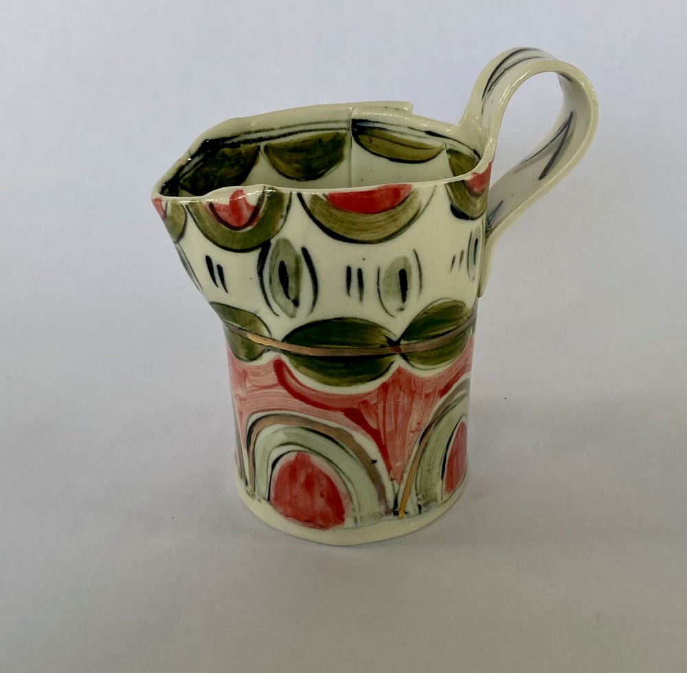Image of Small jug and bowl pink green and gold