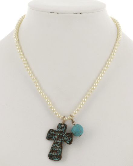 Image of PEarl w/ Black Cross Pendant Necklace