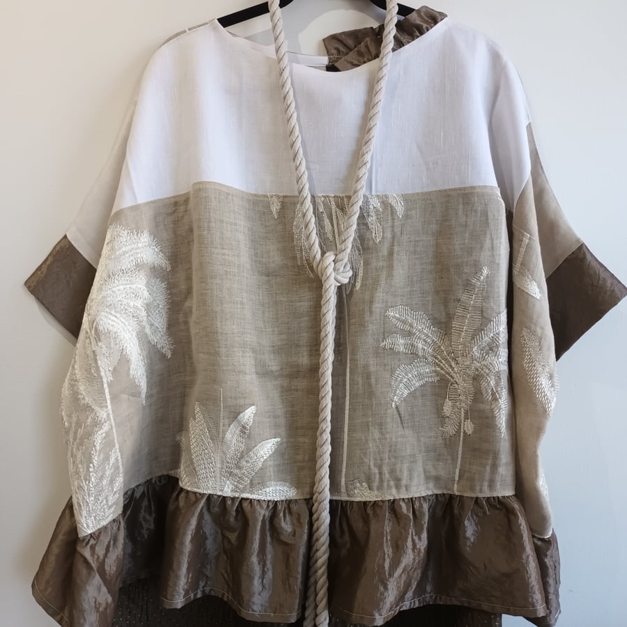 Image of oversized embroidered linen top